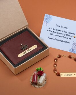 Personalized Premium Leather Wallet, Rudraksh Rakhi & Roli Chawal Gift Set